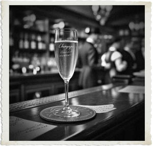 a cinematic photo of a class of champagne on the top of a polished wooden bar, with a worn leather coaster underneath, having a few scribbled notes in elegant cursive script, the atmosphere is rich with clothing and scenery reminiscent of 1915, including a bartender in a tailored suit and patrons in formal attire, the champagne flute is delicate with intricate etchings, the lighting is warm and soft, with a shallow depth of field, blurring the background, emphasizing the champagne and coaster, the overall aesthetic is nostalgic and sophisticated, with earthy tones and muted colors, captured through the lens of a vintage camera, with a slight grain and texture, evoking a sense of timelessness and luxury.