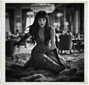 a cinematic photo of a woman with long black hair, piercing green eyes, and wearing a formal beaded gown with intricate lace details trips on the thick plush carpet, her gloved hand grasping for balance, in a lavish lounge filled with ornate furnishings and crystal chandeliers, the setting and clothing reminiscent of 1915, with warm golden lighting and soft shadows, captured in a photography style characteristic of the early 20th century.