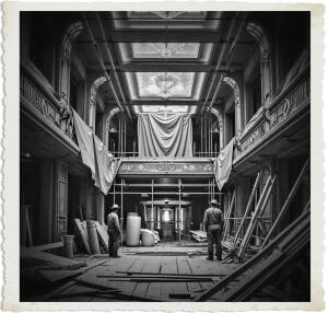 a cinematic photo of the interior of a hotel under construction in 1915 Canada, with art deco elements such as ornate metallic accents, geometric patterns, and luxurious materials partially installed, while tarps, scaffolding, and wooden frames dominate the scene, workers in worn clothing and hats are present, amidst scenery and decor fitting for the early 20th century, with warm lighting and a sense of grandeur, the photography style is nostalgic and haunting, capturing the juxtaposition of old and new, with earthy tones and muted colors prevailing, and the overall atmosphere is one of anticipation and transformation.