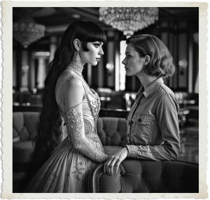 a cinematic photograph of a black-haired woman with piercing green eyes and porcelain skin, wearing a luxurious evening gown with intricate lace details and delicate embroidery, standing elegantly as she gazes at a striking redhead with fair skin and vibrant orange locks, dressed in a simple yet practical utilitarian dress, seated at a plush velvet booth, surrounded by the opulent decor of a lavish lounge, complete with crystal chandeliers, marble floors, and rich wood accents, with clothing and setting meticulously styled to evoke the grandeur of 1915, captured in a warm and inviting photographic style with soft lighting and elegant composition.