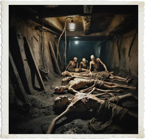 a surreal and vibrant cinematic photo of several gangly humanoid creatures with elongated limbs and emaciated bodies lying dead on the damp earthy ground within the confines of a dimly lit underground mine with old wooden beams and dusty mining equipment scattered around, their clothing tattered and worn, appropriate for 1915 no man's land style, with earthy tones and faded fabrics, set at night with only faint flickering lantern light illuminating the scene, surreal photography style with a photorealistic approach and a subtle film grain texture adding to the overall eerie atmosphere.