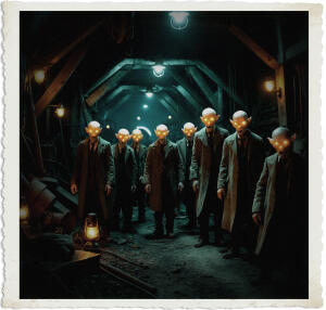 a surreal and vibrant cinematic photo of an underground mine at night infested with tall gangly humanoid creatures with glowing orange eyes and pale skin, dressed in tattered and worn clothing appropriate for 1915 No Man's Land, including long coats, wide-brimmed hats, and scavenged military gear, set against a backdrop of old wooden beams, rusty mining equipment, and flickering lanterns, with a photorealistic style, film grain texture, and an overall sense of eerie unease, the creatures' eyes glowing like embers in the dark, their faces gaunt and menacing, with sharp cheekbones and sunken eyes, amidst a chaotic and foreboding atmosphere.