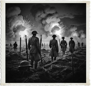 a surreal and vibrant cinematic photo of artillery blasts illuminating the dark night sky over a desolate No Man's Land landscape in 1915, with soldiers and barbed wire silhouetted against the intense explosions, men dressed in worn and torn World War I attire, including old helmets and bloodstained uniforms, surreal photography, photorealistic, film grain, warm golden light from the explosions casting an eerie glow on the devastated terrain, intense shadows and deep blacks, with a sense of chaos and destruction, the artillery blasts lighting up the night sky in shades of fiery orange, red, and yellow, amidst a dark blue and purple night sky.