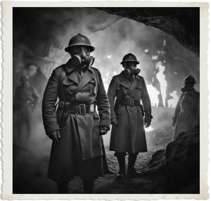 a surreal and vibrant cinematic photo of soldiers standing in a dimly lit cave wearing worn gas masks with foggy lenses, smokey air filling the space, flares burning intensely in the background casting flickering shadows on the cave walls, their clothing and style appropriate for 1915 no man's land attire, with dusty trench coats, wide belts, and old-fashioned helmets, at night, under a starless sky, surreal photography, photorealistic, with a prominent film grain effect, and a predominantly dark color palette with flashes of warm orange and yellow from the flares.