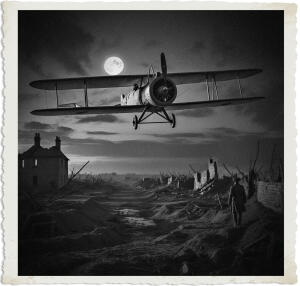 a surreal and vibrant cinematic photograph of a vintage biplane flying over the desolate and barren landscape of no man's land at dusk, with the pilot and any visible personnel dressed in attire and uniforms consistent with 1915, set against a dramatic and ominous night sky with remnants of war-torn trenches and destroyed buildings, captured in a photorealistic style with pronounced film grain, emphasizing the eerie and haunting atmosphere of the scene, with an emphasis on muted earthy tones and faint moonlight illuminating the devastation below, the biplane's propellers and engine casting a warm glow amidst the dark and foreboding environment.