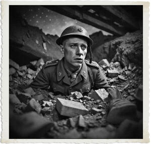 a surreal and vibrant cinematic photo of a British soldier with a weary expression, strong facial features, and pale skin, caught in rubble, trapped in a dimly lit underground mine with exposed wooden beams and dusty air, clothing and style appropriate for 1915 with a torn and muddy uniform, helmet, and boots, set in No Man's Land at night under a sky with a few faint stars, surreal photography, photorealistic, film grain, with a mix of warm and cool colors, and a sense of desperation and hopelessness in the soldier's eyes.