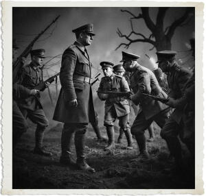 a surreal and vibrant cinematic photo of a British officer with a stern expression and worn leather boots being challenged by a group of five British soldiers in worn and muddy uniforms with peaked caps and wielding rifles, set against a dark and ominous nocturnal backdrop of No Man's Land in 1915, with barbed wire and shattered tree silhouettes, the scene illuminated by flashes of distant artillery fire, captured in a photorealistic style with film grain, the officer's face a picture of resolute determination, the soldiers' faces etched with a mix of exhaustion and defiance, the atmosphere tense and foreboding, with muted colors and deep shadows, the overall mood eerie and unsettling, the photography style reminiscent of a wartime documentary, with a shallow depth of field and a slight grainy texture.