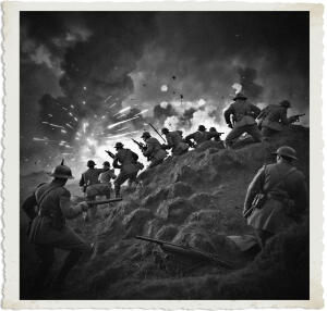 a surreal and vibrant cinematic photo of British and German troops clashing over a rugged hill in No Man's Land at night, with soldiers wearing authentic 1915 uniforms and gear, set against a dark and ominous backdrop with bursts of artillery fire and explosions illuminating the sky, the atmosphere is tense and chaotic, with a photorealistic and highly detailed depiction of the scene, incorporating a subtle film grain texture to enhance the cinematic feel, the British troops are dressed in khaki uniforms with distinctive Brodie helmets, while the German soldiers wear traditional Pickelhaube helmets and grey tunics, the color palette is predominantly dark blues and greys, with flashes of orange and yellow from the explosions, the overall mood is one of intense and frenetic action, with a sense of desperation and fear etched on the faces of the soldiers.
