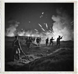 a surreal and vibrant cinematic photo of a nighttime firefight between British and German troops in No Man's Land, with soldiers wearing clothing and uniforms authentic to 1915, set against a dark and ominous backdrop, with flashes of gunfire and explosions illuminating the landscape, surreal photography, photorealistic, film grain, and a color palette that blends muted earth tones with bursts of fiery oranges and yellows, capturing the chaos and intensity of war in a dreamlike atmosphere.