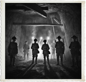 a surreal and vibrant cinematic photo of British soldiers standing in a dark underground mine with rough-hewn stone walls and exposed wooden beams, flares glowing in the background show their silhouettes, casting long shadows across the floor, their clothing and style are appropriate for 1915 with worn leather boots, faded khaki uniforms, and distinctive Brodie helmets, the air is thick with dust and the smell of smoke, surreal photography, photorealistic, film grain, with a muted color palette and deep shadows, the soldiers' faces are obscured by the darkness, but their determined stances and gripping rifles are visible, the overall mood is tense and foreboding, as if the soldiers are waiting for something to emerge from the darkness.