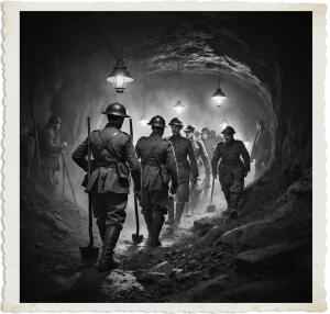 a surreal and vibrant cinematic photo of a fresh batch of soldiers wearing 1915 No Man's Land attire including worn leather boots and tattered uniforms with picks and lanterns in hand heading into a dimly lit underground mine at night while tired troops with exhausted facial expressions and worn clothing leave the mine in the background with a mixture of relief and fatigue on their faces the scene is set against a dark muted color palette with flashes of warm golden light emanating from the lanterns and a sense of eerie mist surrounding the soldiers the photography style is photorealistic with a film grain texture giving it a nostalgic and haunting feel.