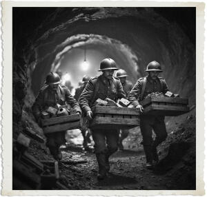 a surreal and vibrant cinematic photo of soldiers wearing worn and tattered uniforms and helmets from 1915, carrying old wooden crates and boxes filled with tons of explosives into a dimly lit underground mine at night, with rugged facial features and soot-covered skin, set in the bleak and barren landscape of No Man's Land, captured in a photorealistic style with a subtle film grain texture, blending realistic details with dreamlike and unsettling ambiance, illuminated only by faint flickers of lantern light, with an atmosphere of tense anticipation and foreboding, in a muted color palette with flashes of warm golden light.