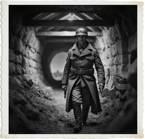 a surreal and vibrant cinematic photo of a British Officer with a determined expression, wearing a worn trench coat and helmet, holding a pistol in his right hand, walking into a dimly lit mine tunnel, the walls of which are made of rough-hewn stone, with old wooden beams supporting the ceiling, the air thick with dust and the smell of damp earth, set in No Man's Land at night in 1915, with a film grain texture, photorealistic details, and a color palette that blends warm golden tones with cool blues and greys, capturing the eerie and ominous atmosphere of the wartime landscape.