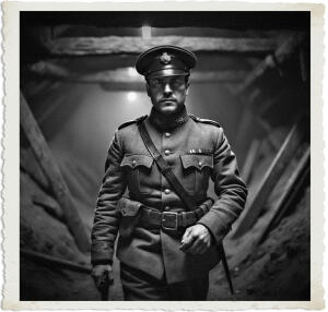 a surreal and vibrant cinematic photo of a British Officer with a determined expression, wearing a worn, earth-toned uniform and helmet, holding a pistol in his right hand, walking through a dimly lit, dark underground mine with old wooden beams and dusty air, the clothing and style are meticulously detailed to be appropriate for 1915, set in the eerie and ominous atmosphere of No Man's Land at night, with an emphasis on surreal photography, rendered in a photorealistic style, and textured with a pronounced film grain, the officer's facial features are strong, with a pale skin tone, and a few days' worth of stubble, his eyes are fixed intently on something in the distance, as the misty darkness surrounds him.