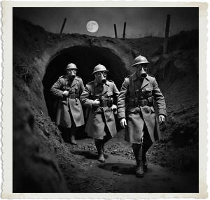 a surreal and vibrant cinematic photo of three British soldiers exiting a damp underground mine at night, wearing worn gas masks that reflect the faint moonlight, their clothing and style meticulously accurate for 1915, with earth-toned trenches coats, puttees, and helmets, set amidst the eerie landscape of No Man's Land, with surreal photography elements blended seamlessly into the photorealistic scene, capturing the haunting atmosphere of war, with noticeable film grain texture and subtle noise, under the faint glow of a full moon, casting long shadows across the barren terrain.