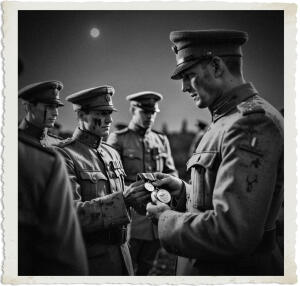 a surreal and vibrant cinematic photo of soldiers dressed in worn and muddy World War I uniforms receiving medals for their valor under the faint moonlight of No Man's Land at night, with a mix of concern and relief etched on their exhausted faces, their skin weathered from months of trenches, surreal photography, photorealistic, film grain, with a shallow depth of field and subtle lens flare, capturing the intensity of the moment in a dreamlike state, the medals gleaming with a soft, golden light, amidst the desolate and barren landscape of the war-torn battlefield.