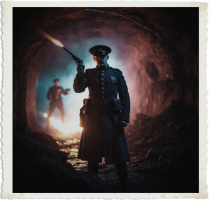 British officer standing in a dark underground mine, flares glowing in the background show their silhouette shooting some sort of creature with his pistol. Clothing and style appropriate for 1915 for No Man Land at night.