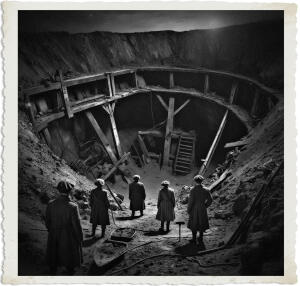 a surreal and vibrant cinematic photo of a massive sinkhole that exposes a worn and dusty mineshaft with old wooden beams and rusty mining equipment, set in the midst of No Man's Land at night in 1915, with individuals in the foreground wearing clothing and hairstyles typical of the World War I era, including newsboy caps, overcoats, and picks and shovels, under a dark and foreboding sky with only the faint light of the moon and stars, captured in a photorealistic style with a pronounced film grain, evoking a sense of grittiness and realism, with muted earthy tones and deep shadows, and an overall atmosphere of unease and tension.