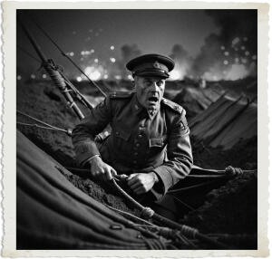 a surreal and vibrant cinematic photo of a British officer with a determined expression, wearing a worn and tattered uniform from 1915, holding tightly to a canvas tent that is on the verge of collapse, its ropes and poles strained, as chaos unfolds all around him in the dark and muddy trenches of No Man's Land at night, with explosions and fires illuminating the sky, the officer's face is illuminated by a faint moonlight, his skin pale and sweaty, his eyes wide with fear, the scene is captured in a photorealistic style with a subtle film grain, the colors are muted and subdued, with shades of brown and gray dominating the landscape, but with flashes of bright colors from the explosions and fires, the overall atmosphere is one of intense drama and chaos.