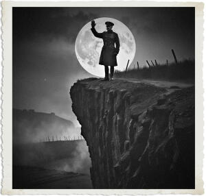 a surreal and vibrant cinematic photo of the silhouette of a World War I officer waving from the top of a rugged cliff, set against a dramatic nocturnal landscape of No Man's Land in 1915, with the officer's clothing and style meticulously detailed to evoke the era, including a worn leather trench coat, a faded military cap, and a pair of sturdy boots, surreal photography blends with photorealistic elements, and a subtle film grain texture adds a sense of nostalgia and authenticity to the image, with the cliff's edge and the officer's waving figure sharply defined against a moonlit sky, and the darkness of the trenches below shrouded in a faint, eerie mist.