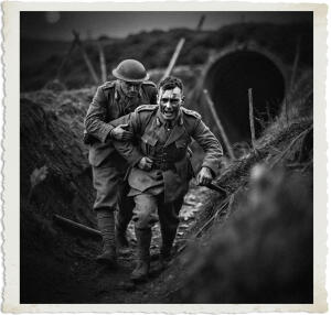 a surreal and vibrant cinematic photo of a wounded British soldier with a weary expression, dirty face, and worn uniform, being helped out of a makeshift tunnel by a fellow soldier, set amidst the desolate and war-torn landscape of No Man's Land at night, with clothing and style authentic to 1915, capturing the harsh realities of war, in a photorealistic style with noticeable film grain, and muted colors, except for the faint moonlight casting an eerie glow on the soldiers' faces, with the background filled with the eerie silence of a war-torn night, and the faint sound of distant artillery fire.