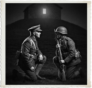 A British officer in 1915 khaki uniform kneels beside a soldier on a dark ridge at night, turning to give him a curious look. An abandoned farmhouse sits in the background with lantern light glowing from a single window. Black-and-white period photograph.