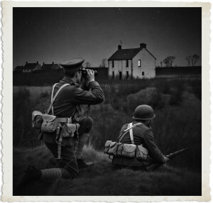A British officer and a soldier kneel on a ridge at night, the officer looking through binoculars at an abandoned farmhouse in the distance. Pale lantern light glows from one of the farmhouse windows. Cold, open countryside under a starry sky. Black-and-white period photograph.