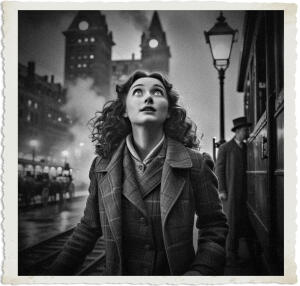 a cinematic nighttime photo of a wide-eyed young woman with rosy cheeks and curly brown hair, dressed in a long flannel coat and worn boots, stepping off a steam train at a bustling Canadian city station in 1915, her bright green eyes gazing upward in awe at the towering cityscape, surrounded by thick smoke and fog, with old-fashioned street lamps and horse-drawn carriages in the background, captured in a warm and nostalgic photography style with muted earth tones and deep shadows, the woman's face illuminated by the soft glow of a nearby lamp post, her skin a smooth porcelain complexion with a few light freckles across her nose.