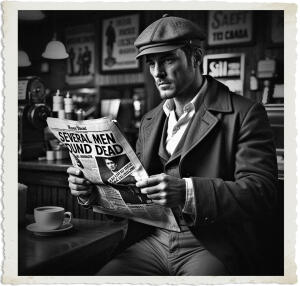 a cinematic photo of a man with a rugged facial expression and a worn newsboy cap, reading the newspaper while waiting for his meal at a dimly lit diner in 1915 Canada at night, the newspaper has a large bold headline that reads several men found dead, his attire consists of a long brown coat, white shirt, and high-waisted pants, the scene is set with a wooden counter, vintage cash register, and retro-style advertisements on the walls, the photography style is in a warm sepia tone with deep shadows, the man's skin tone is fair with a slight stubble, his eyes are fixed intently on the newspaper as he holds a cup of coffee in his hand.
