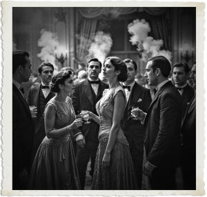 Picture of a high end party at a ball room in a ritzy hotel, with a particularly well dressed brunette getting the attention of several men surrounding her. The air was thick with smoke. Scene and clothing appropriate for 1915 France at night.