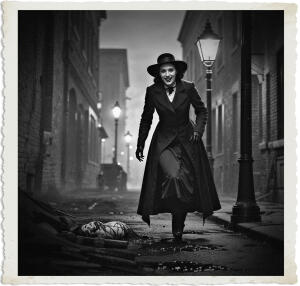 a cinematic photo of a female vampire with steel-grey eyes and a cruel smile is creeping away from a particularly bloody murder scene at night in 1915 Canada, wearing a long dark coat with a wide-brimmed hat, her pale skin illuminated by the faint glow of a streetlamp, with a subtle sheen to her fangs, set against a backdrop of old brick buildings and fog-shrouded alleys, with a mixture of gas lamps and early electric streetlights, in a photography style reminiscent of the early 20th century, with deep shadows and high contrast, capturing the eerie and haunting atmosphere of a bygone era.