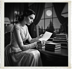 a cinematic photo of a woman with porcelain skin and dark brown hair, wearing a long, elegant evening gown with intricate lace details, sitting in a comfortable and opulent hotel room with rich wood paneling and velvet drapes, scanning through a pile of vintage leather-bound books to decode the message on a handwritten letter, the room illuminated by soft, warm light from a nearby table lamp, with a hint of moonlight peeking through the window, set in 1915 Canada at night, captured in a photography style reminiscent of the era.