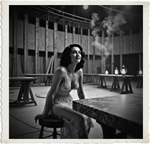 Picture of a black haired woman with green eyes wearing a slip, sitting on a stool, eyes half shut, slight smile, as though dreaming of a good nights sleep. Located in a ballroom under construction and mostly empty except for a few sawhorses, tables, and a large granite piece. The walls were still slats of wood running horizontally and in parallel. The workers had yet to apply plaster. Cabling protruded from openings in the walls and ceiling, none of it was connected. Several lanterns to chase away the darkness. The air was thick with smoke. Scene and clothing appropriate for 1915 Canada at night.