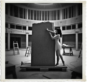 Woman with black hair and green eyes wearing nothing more than a slip, carve a massive block of granite in the centre of the room. Located in a ballroom under construction and mostly empty except for a few sawhorses, tables, and a large granite piece. The walls are skeletons, wooden frame and horizontal slats in place but no plaster or windows. Scene and clothing appropriate for 1915 Canada at night.