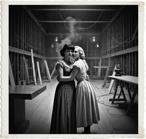 Picture of a black haired woman with green eyes wearing a slip, hugging a blonde wearing a maid's dress. Located in a ballroom under construction and mostly empty except for a few sawhorses, tables, and a large granite piece. The walls were still slats of wood running horizontally and in parallel. The workers had yet to apply plaster. Cabling protruded from openings in the walls and ceiling, none of it was connected. Several lanterns to chase away the darkness. The air was thick with smoke. Scene and clothing appropriate for 1915 Canada at night.
