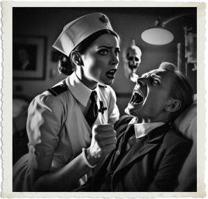 a cinematic photograph of a determined woman in a long, dark blue military nurse uniform with a white apron and cap, chasing a menacing vampire through a dimly lit hospital ward with wooden beds and medical equipment, set in 1915 Canada at nighttime, with the nurse's facial features contorted in a mix of fear and bravery, and the vampire's eyes glowing in the dark, captured in a dramatic and intense photography style with deep shadows and muted colors, including shades of indigo, grey, and beige, with the nurse's skin tone appearing pale and the vampire's skin deathly pale, and the hospital ward's windows reflecting the faint light of the nighttime sky.