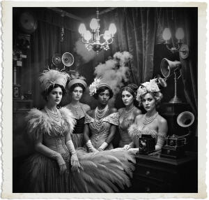a cinematic photo of a 1915 Canadian bordello at night with women in lavish dresses and feathers, adorned with pearls and diamonds, surrounded by surveillance equipment, thick smoke fills the air, gas lamps and chandeliers illuminate the scene, women of diverse skin colors and facial features, including some with elegant hats and gloves, amidst a backdrop of rich velvety curtains and dark wooden furnishings, with old cameras and phonographs, in a warm and intimate color palette with deep shadows, photography style reminiscent of the early 20th century.