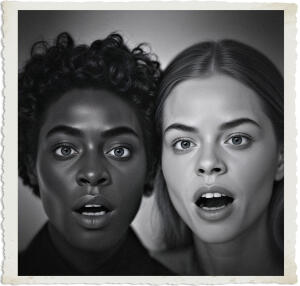 a cinematic photo of a portrait of two people with distinct physical characteristics, one with a darker skin tone and curly hair, the other with a lighter skin tone and straight hair, yet they both have the exact same facial reaction, with identical arching of their eyebrows, slight raising of the corners of their mouths, and widening of their eyes, as though one is mirroring the other, captured in a high-contrast photography style with a shallow depth of field, emphasizing the synchrony of their expressions.