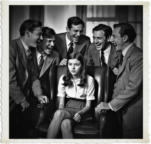 Several well dressed business men laughing at a female teenager sitting behind the bosses chair at the office. The teenager is visibly annoyed. Scene and clothing appropriate for 1915 Canada at night.