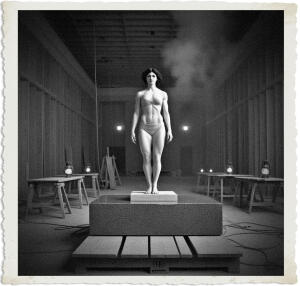 The once solid block of granite at the center was taking shape of the model visible in frame. One blessed with both youth and lithe beauty, dark hair, piercing eyes and soft alabaster skin. Their differences were in their musculature. The model was no stranger to hard work, her arms and legs were toned, and her stomach visibly showed abs, the perfect Grecko-Roman goddess.
Located in a ballroom under construction and mostly empty except for a few sawhorses, tables, and a large granite piece. The walls were still slats of wood running horizontally and in parallel. The workers had yet to apply plaster. While cabling protruded from openings in the walls and ceiling, none of it was connected. Several lanterns to chase away the darkness. and the air was thick with smoke. Scene and clothing appropriate for 1915 Canada at night.