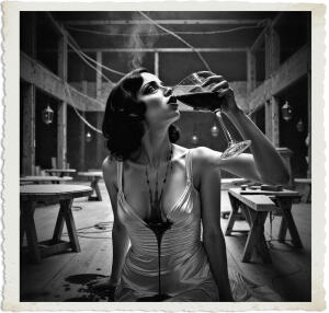 Picture of a black haired woman with green eyes wearing a slip. She is greedily drinking from a crystal wine glass a liquid that is blood red, with some drops falling onto her slip. Located in a ballroom under construction and mostly empty except for a few sawhorses, tables, and a large granite piece. The walls were still slats of wood running horizontally and in parallel. The workers had yet to apply plaster. Cabling protruded from openings in the walls and ceiling, none of it was connected. Several lanterns to chase away the darkness. The air was thick with smoke. Scene and clothing appropriate for 1915 Canada at night.