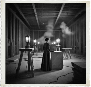 Located in a ballroom under construction and mostly empty except for a few sawhorses, tables, and a large granite piece. The walls were still slats of wood running horizontally and in parallel. The workers had yet to apply plaster.
While cabling protruded from openings in the walls and ceiling, none of it was connected. Evelyn had to use several lanterns to chase away the darkness. The air was thick with smoke. Scene and clothing appropriate for 1915 Canada at night.