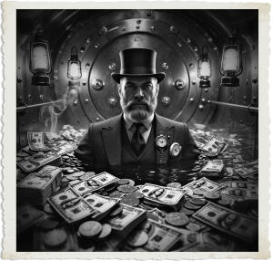 a cinematic photograph of a man with a stern expression, fair skin, and a well-groomed beard, swimming in a large vault filled with cash, reminiscent of Scooge McDuck, set in 1915 Canada at night, with the man wearing a traditional three-piece suit, complete with a waistcoat, pocket watch, and a top hat, under the soft glow of vintage lanterns, with a mix of Canadian dollar bills and coins scattered around him, and a subtle steam effect rising from the vault, captured in a warm, golden color tone, with deep shadows and soft lighting, emphasizing the textures of the cash, the suit, and the vault's metallic walls.