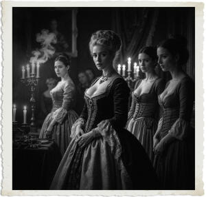 a cinematic photo of a 17th century French bordello at night, with women in period clothing, the madam standing out in a luxurious gown, adorned with intricate lace and jewels, while the others wear simpler, yet still alluring, attire, the air thick with smoke from candles and pipes, the atmosphere is one of opulence and decadence, with velvet drapes and richly textured furnishings, the women's faces are illuminated by the soft glow of candelabras, their skin tones ranging from pale to olive, with distinct facial features, the madam's expression is one of confidence and control, while the others exude a sense of subtle allure, the photography style is reminiscent of a Caravaggio painting, with deep shadows and rich colors, capturing the essence of a bygone era.