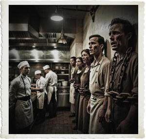 a cinematic photograph of a world class restaurant kitchen in 1915 Canada at night, with sparkling new appliances and equipment, dimly lit by soft warm lighting, and a sense of hustle and bustle, in the corner a shocking contrast, a series of people with distressed facial expressions, shackled to the wall with old rusty chains, wearing tattered and worn clothing, with men in suits and hats, and women in long dresses, all with a mix of anxious and fearful skin tones, the kitchen staff in the foreground, oblivious to the scene, in white aprons, with focused expressions, amidst the chaos of kitchen activities, the overall atmosphere is one of stark juxtaposition, with the opulence of the kitchen contrasting with the despair of the shackled individuals.