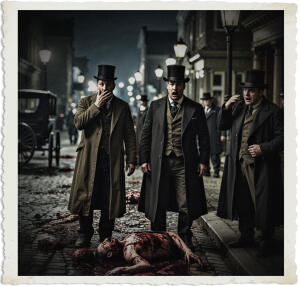 a cinematic photo of a horrific murder scene of a man in 1915 Canada at night, with blood and viscera splattered everywhere, purely carnage, investigators in traditional attire for the era, with top hats and long coats, look on with traumatized expressions, their faces pale and shocked, one covering his mouth in horror, another with his eyes cast downward, scene lit by flickering gas lamps, casting eerie shadows on the cobblestone street, the men's clothing and surroundings reminiscent of the early 20th century, with old-fashioned police equipment and horse-drawn carriages in the background, the overall mood dark and ominous, with muted colors and deep shadows, photography in a realistic and haunting style.