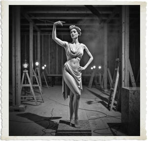 Photo of a model posing as a Grecko-Roman goddess. The model is standing on one leg, pointing towards the ceiling with a bow. There is a wet cloth wrapped around her model’s face
Located in a ballroom under construction and mostly empty except for a few sawhorses, tables, and a large granite piece. The walls were still slats of wood running horizontally and in parallel. The workers had yet to apply plaster. While cabling protruded from openings in the walls and ceiling, none of it was connected. Several lanterns to chase away the darkness. and the air was thick with smoke. Scene and clothing appropriate for 1915 Canada at night.