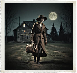 a cinematic photo of a young woman with a worn leather bag in her hand sneaking out of a rustic farmhouse in the middle of a dark night in 1915 Canada, the woman wearing a long brown coat and a wide-brimmed hat, her facial features partially hidden in the shadows, the farmhouse surrounded by tall trees and a vast open field, the only light coming from a full moon hanging low in the sky, the overall atmosphere mysterious and ominous, captured in a warm and grainy photography style reminiscent of the early 20th century.