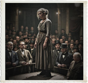 Picture disheveled and downtrodden woman standing on a stage alone. Crowd rich individuals below appears to be bidding. Surroundings as they are decidedly opulent. Scene and clothing appropriate for 1915 Canada at night.