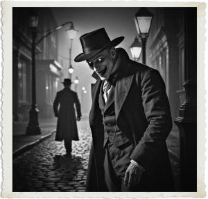 a cinematic photo of a pale-skinned Vampire with sharp fangs and piercing eyes hiding in the dark shadows of a 1915 Canadian night scene, stalking a unsuspecting individual, dressed in attire appropriate for the era, including a long coat and a wide-brimmed hat, with old-fashioned street lamps illuminating the foggy cobblestone streets, captured in a photography style reminiscent of the early 20th century, with a muted color palette and a sense of eerie suspense, the vampire's facial features obscured by the darkness, except for the glint of eyes reflecting the faint light.